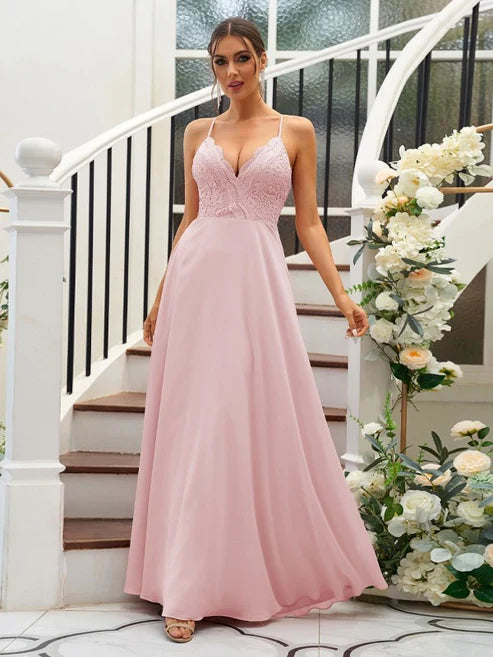 A-Line/Princess Chiffon Lace V-neck Sleeveless Floor-Length Bridesmaid Dresses Party Dresses Wedding Guest Dresses