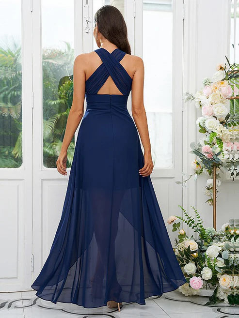 A-Line/Princess Chiffon Ruffles V-neck Sleeveless Asymmetrical Bridesmaid Dresses Party Dresses Wedding Guest Dresses