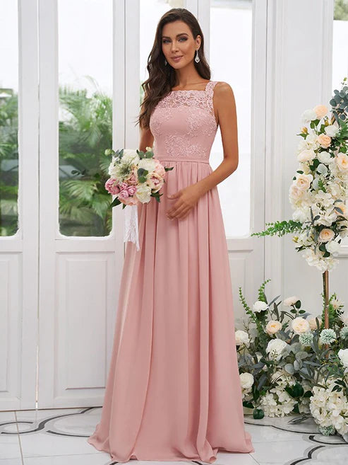 A-Line/Princess Chiffon Applique Square Sleeveless Floor-Length Bridesmaid Dresses Party Dresses Wedding Guest Dresses