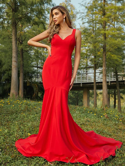 Sheath/Column Stretch Crepe Ruffles V-neck Sleeveless Sweep/Brush Train Bridesmaid Dresses Party Dresses Wedding Guest Dresses