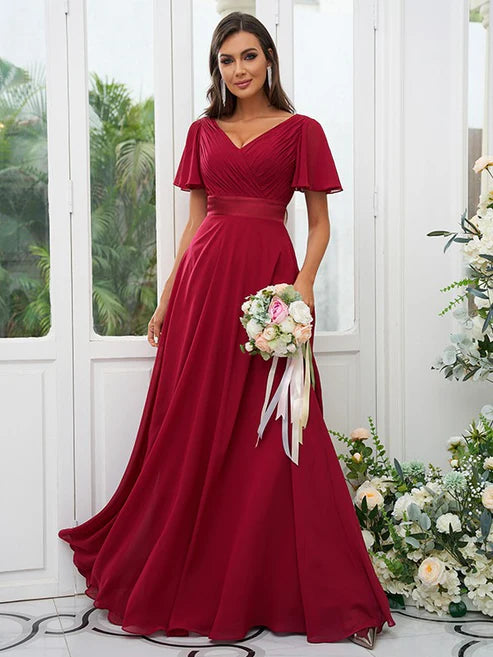 A-Line/Princess Chiffon Ruched V-neck Short Sleeves Sweep/Brush Train Bridesmaid Dresses Party Dresses Wedding Guest Dresses