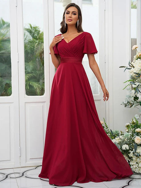 A-Line/Princess Chiffon Ruched V-neck Short Sleeves Sweep/Brush Train Bridesmaid Dresses Party Dresses Wedding Guest Dresses