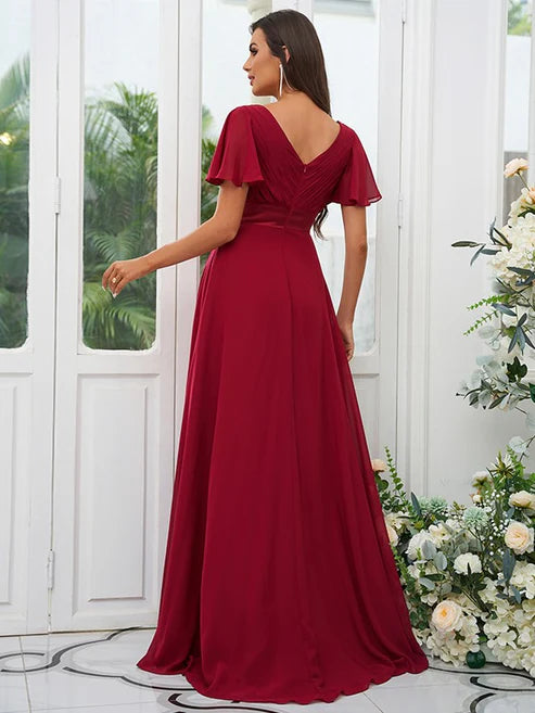 A-Line/Princess Chiffon Ruched V-neck Short Sleeves Sweep/Brush Train Bridesmaid Dresses Party Dresses Wedding Guest Dresses
