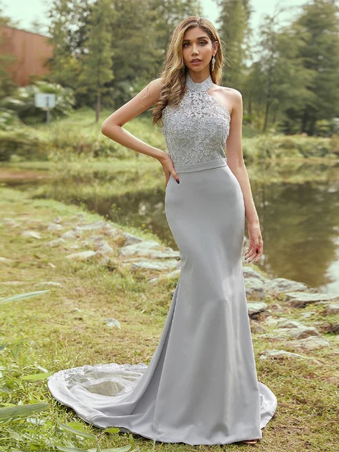 Sheath/Column Stretch Crepe Lace Halter Sleeveless Sweep/Brush Train Bridesmaid Dresses Party Dresses Wedding Guest Dresses