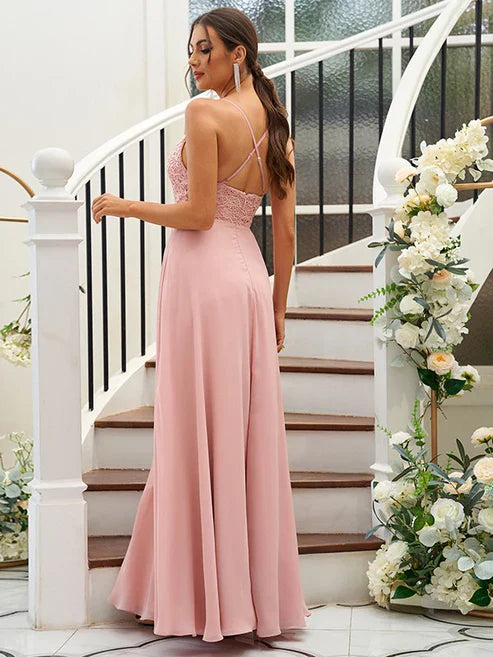 A-Line/Princess Chiffon Lace V-neck Sleeveless Floor-Length Bridesmaid Dresses Party Dresses Wedding Guest Dresses