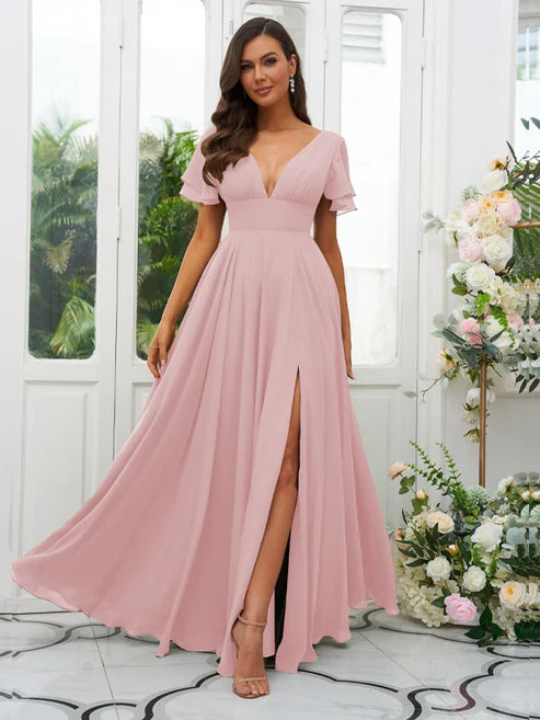 A-Line/Princess Chiffon Ruffles V-neck Short Sleeves Floor-Length Bridesmaid Dresses Party Dresses Wedding Guest Dresses