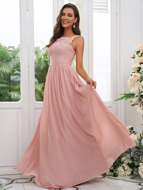 A-Line/Princess Chiffon Applique Square Sleeveless Floor-Length Bridesmaid Dresses Party Dresses Wedding Guest Dresses