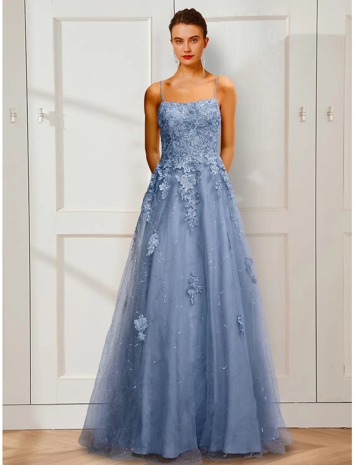 A-Line Prom Dresses Floral Dress Party Wear Floor Length Sleeveless Spaghetti Strap Satin with Appliques