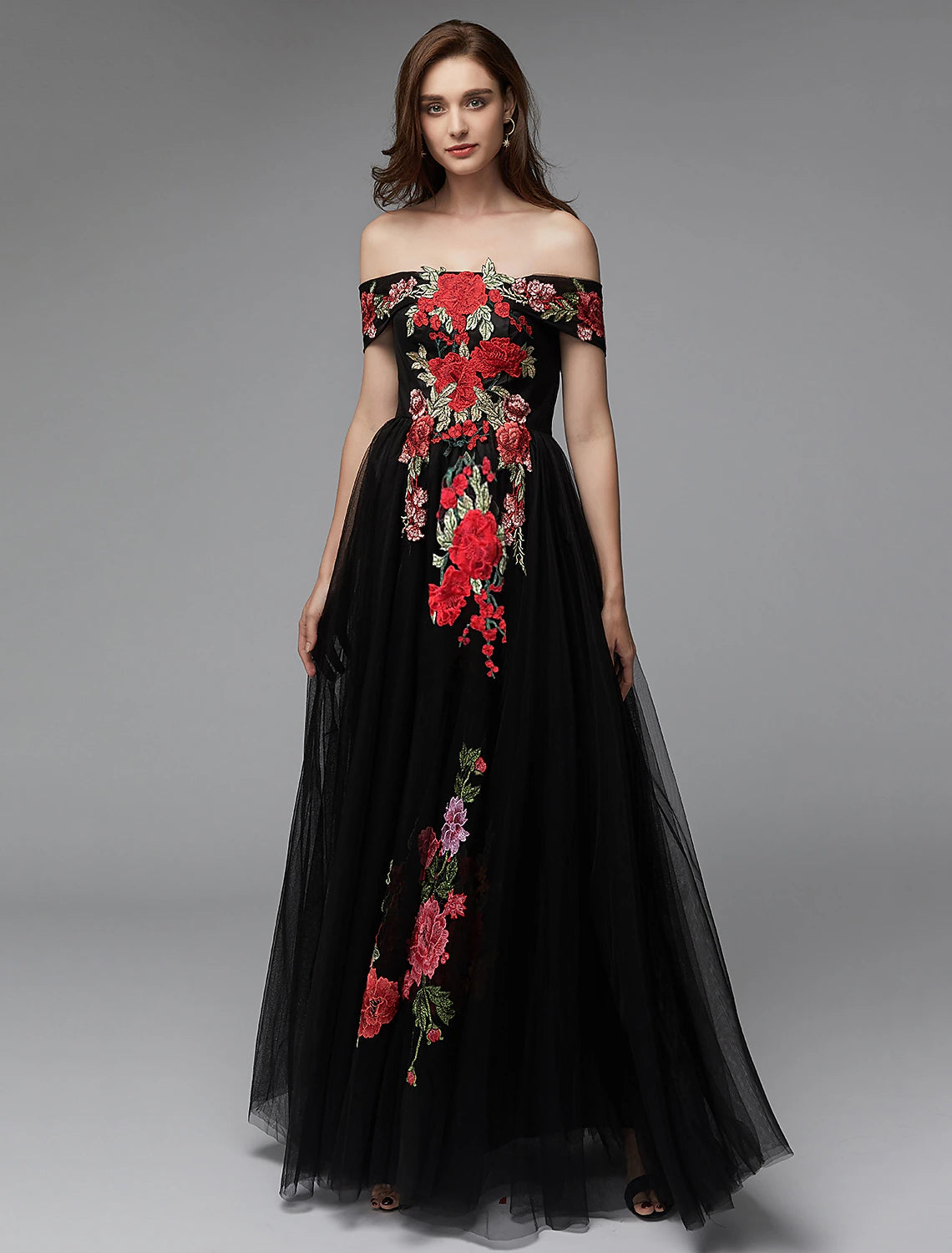 A-Line Prom Dresses Floral Dress Wedding Guest Prom Floor Length Sleeveless Off Shoulder Lace Over Tulle with Embroidery Appliques