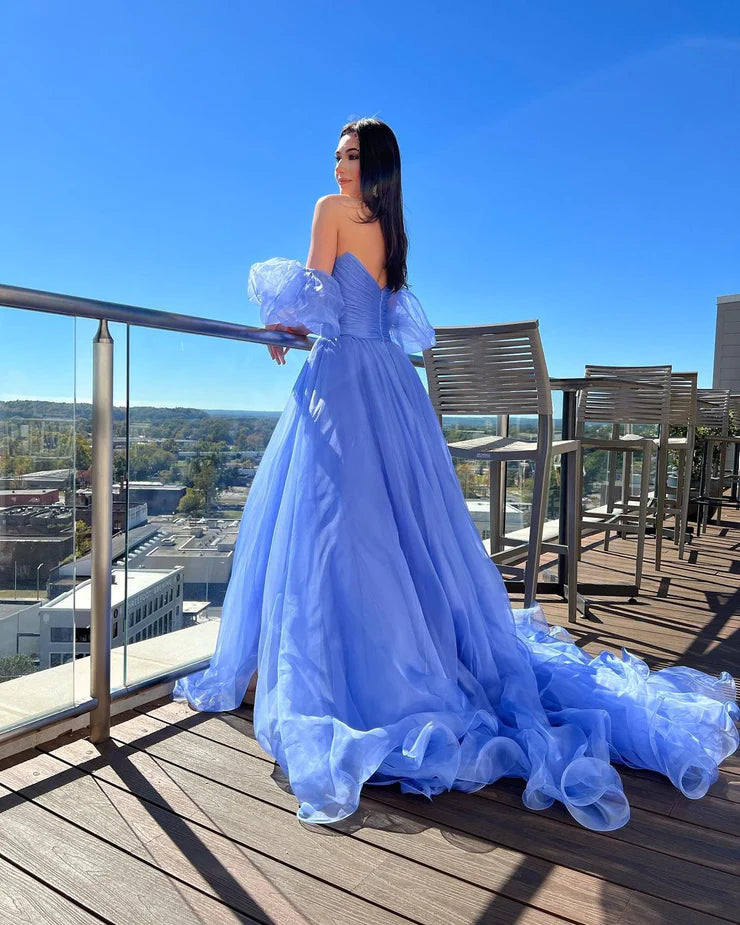 A Line Spaghetti Straps Sweetheart Blue Organza Prom Dresses with Slit