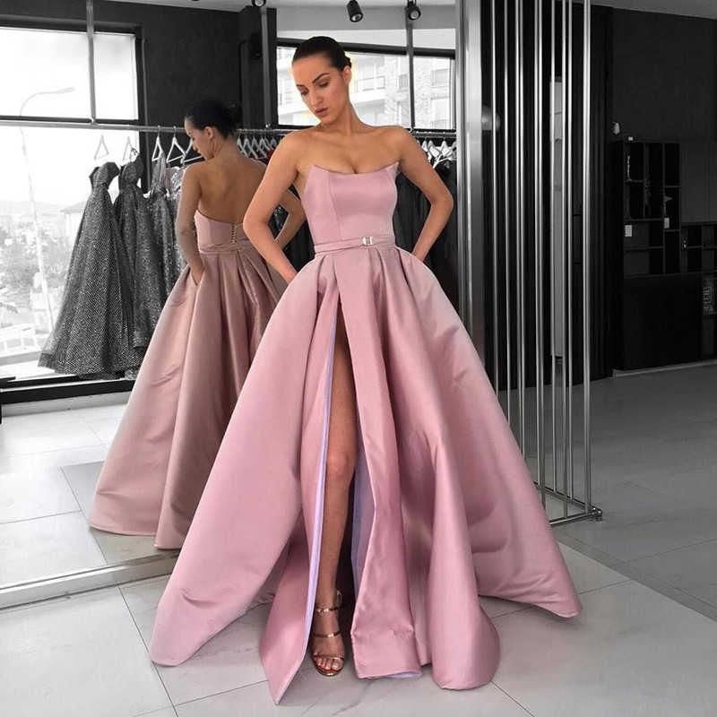 Evening Ball Gown Sleeveless Strapless Floor-Length Prom Dresses With Split