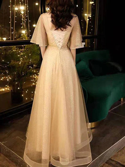 A-Line V-Neck Tulle Half Sleeves Beaded Prom Dress Sparkly Evening Dress