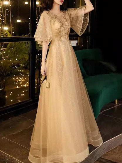 A-Line V-Neck Tulle Half Sleeves Beaded Prom Dress Sparkly Evening Dress