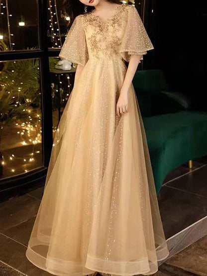 A-Line V-Neck Tulle Half Sleeves Beaded Prom Dress Sparkly Evening Dress