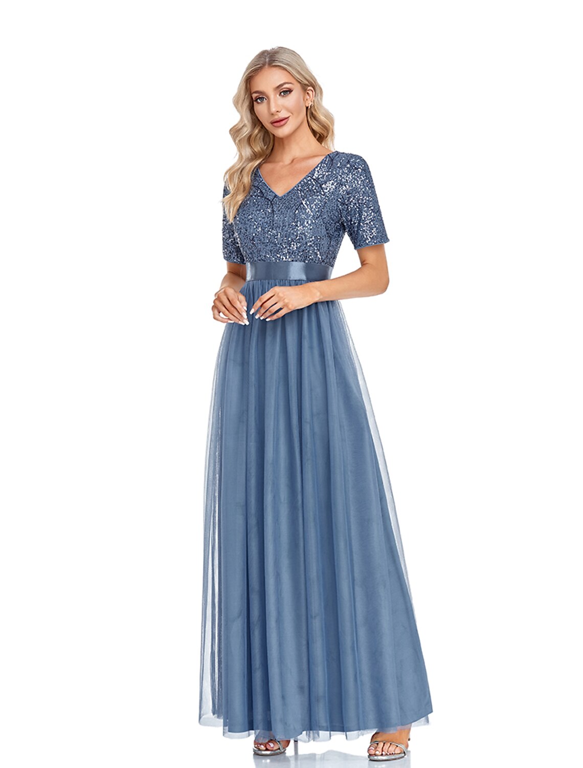 A-Line Evening Gown Elegant Dress Wedding Guest Prom Floor Length Short Sleeve V Neck Bridesmaid Dress Tulle with Sequin Splicing