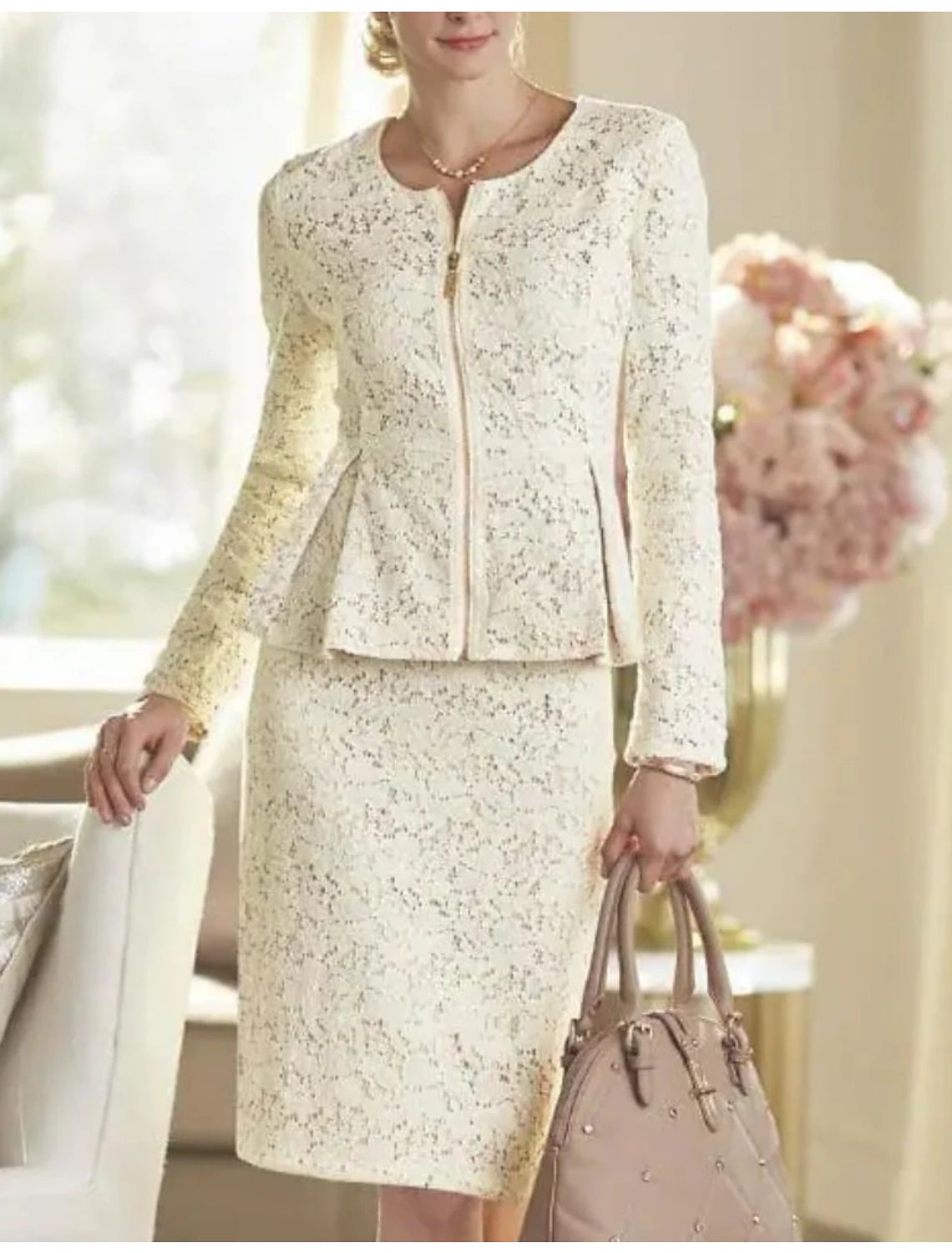 Two Piece Sheath / Column Mother of the Bride Dress Wedding Guest Party Scoop Neck Knee Length Lace Long Sleeve Wrap Included
