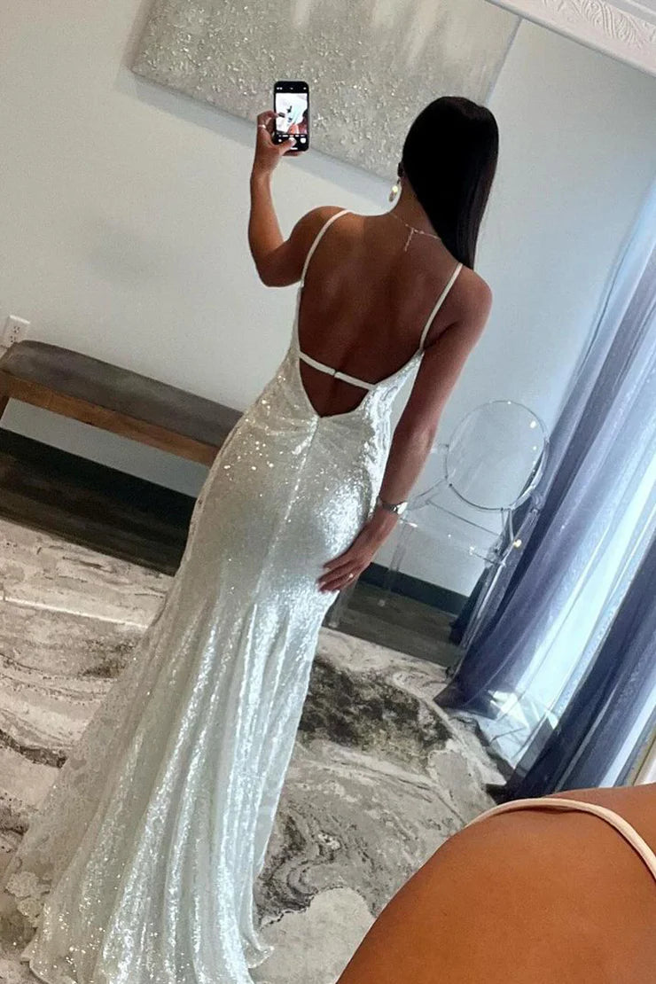 Mermaid Spaghetti Straps V Neck White Sequins Long Prom Dress with Appliques