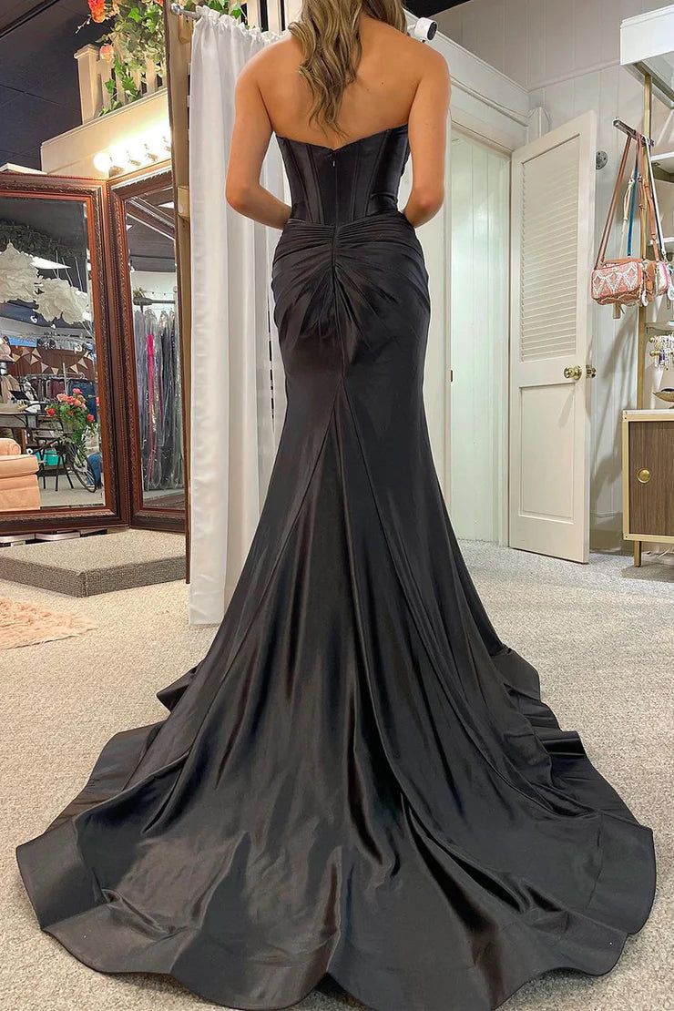 Mermaid Strapless Sweetheart Satin Long Prom Dress with Slit