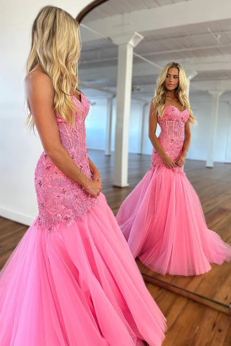 Mermaid Strapless Pink Tulle Prom Dress with Appliques