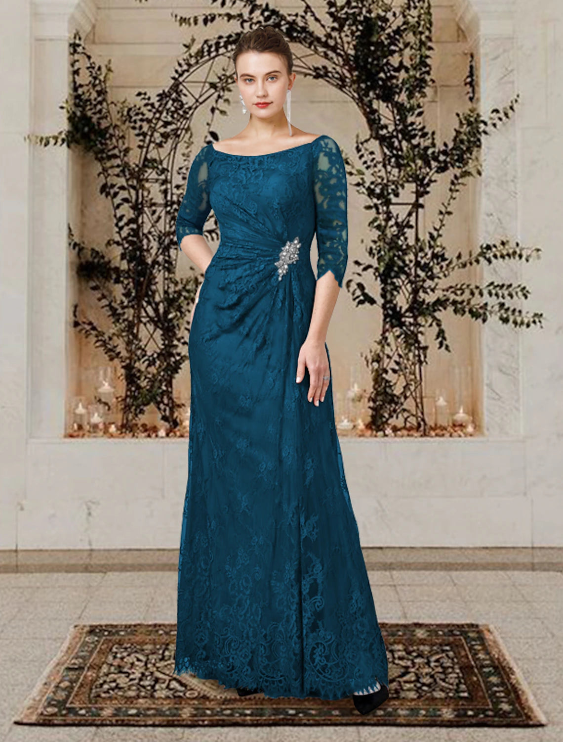 Plus Size Jewel Neck Floor Length Wedding Guest Party Dress Lace Short Sleeve Mother of the Bride Dress with Ruffles Crystal Brooch Side-Draped