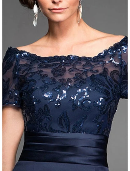 Sheath / Column Mother of the Bride Dress Wedding Guest Off Shoulder Knee Length Chiffon Lace Tulle Short Sleeve with Lace Sequins