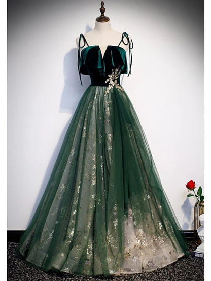 A-Line Glittering Luxurious Engagement Formal Evening Dress Spaghetti Strap Sleeveless Floor Length Organza with Sequin