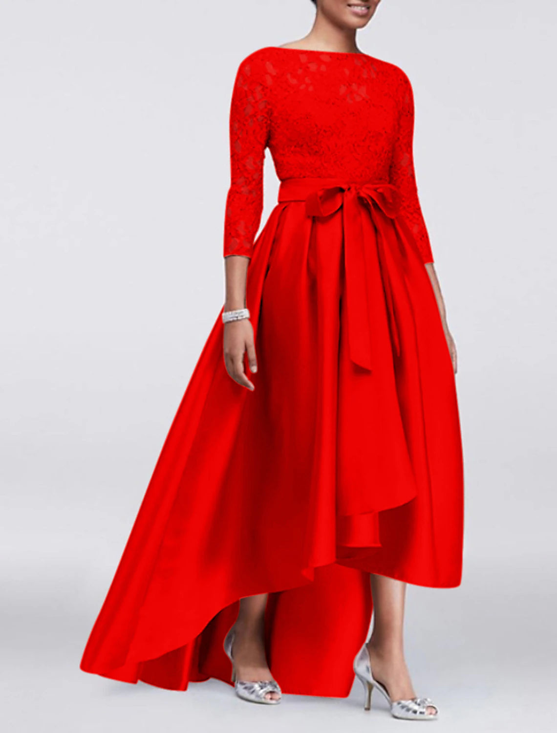 A-Line Wedding Guest Dress Plus Size Satin Lace 3/4 Length Sleeve Mother of the Bride Dress High Low Jewel Neck Asymmetrical Dress  with Sash / Ribbon Appliques