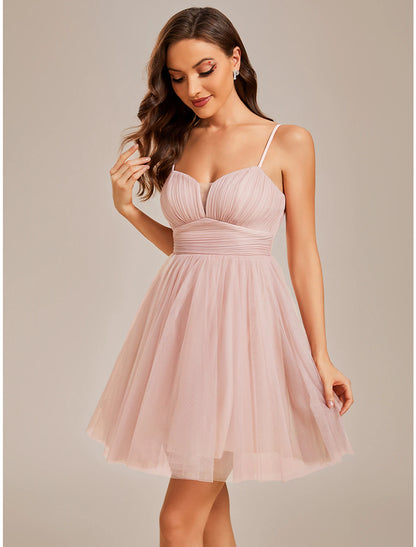 A-Line Homecoming Dresses Princess Dress Cocktail Party Birthday Short / Mini Sleeveless Spaghetti Strap Tulle with Ruched