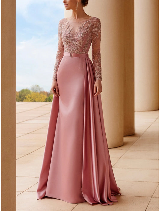 Mother of the Bride Dress Wedding Guest Elegant Scoop Neck Sweep / Brush Train Stretch Satin Long Sleeve with Lace Sash / Ribbon Ruching