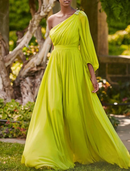 A-Line Wedding Guest Dress Formal Wedding Party Floor Length Long Sleeve One Shoulder Chiffon with Ruched