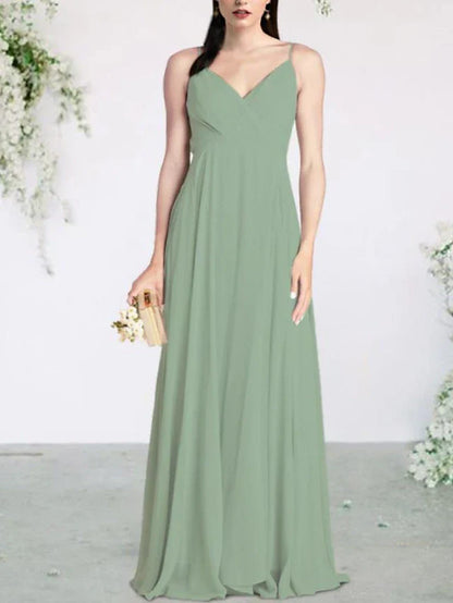 A-Line Bridesmaid Dress V Neck / Spaghetti Strap Sleeveless Sexy Floor Length Chiffon with Pleats