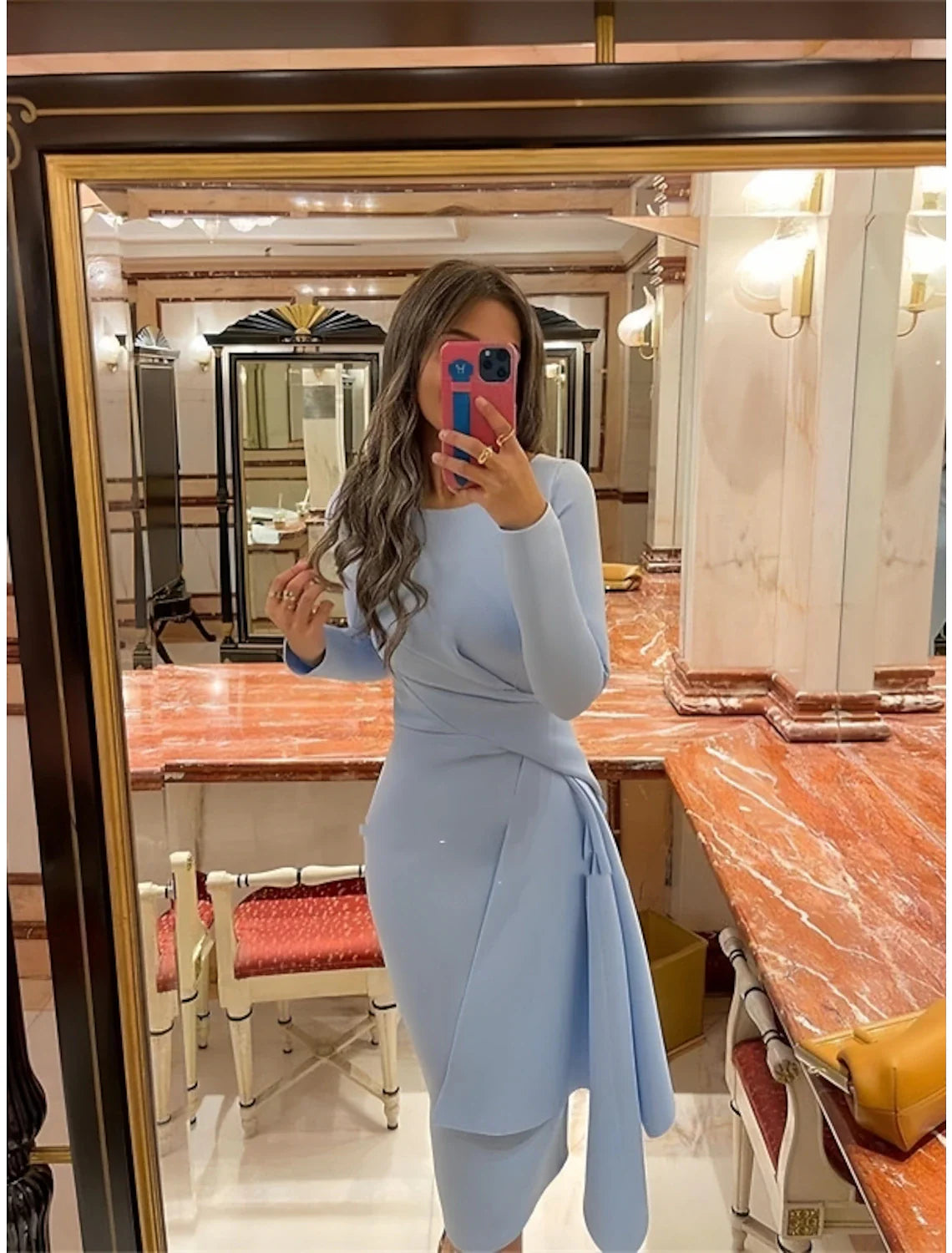 Sheath / Column Cocktail Dresses Elegant Dress Formal Fall Knee Length Long Sleeve Jewel Neck Stretch Fabric with Pleats Ruched