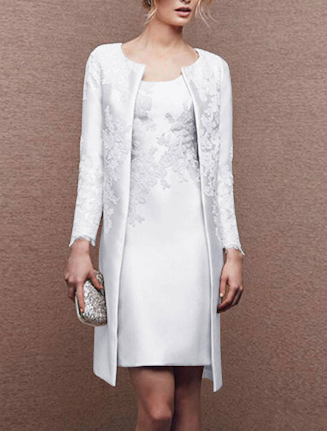 Two Piece Sheath / Column Mother of the Bride Dress Wedding Guest Church Elegant Plus Size Scoop Neck Knee Length Satin Lace Sleeveless Wrap Included Jacket Dresses with Appliques