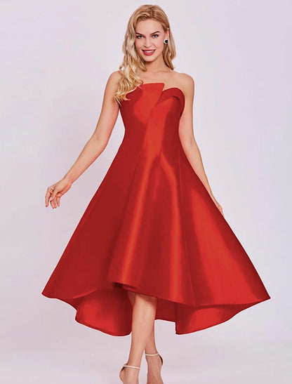 A-Line Cocktail Dresses Minimalist Dress Homecoming Wedding Guest Tea Length Sleeveless Strapless Satin with Sleek $79.99