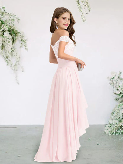 A-Line Bridesmaid Dress Off Shoulder Short Sleeve Elegant Sweep / Brush Train / Asymmetrical Chiffon / Lace with Appliques