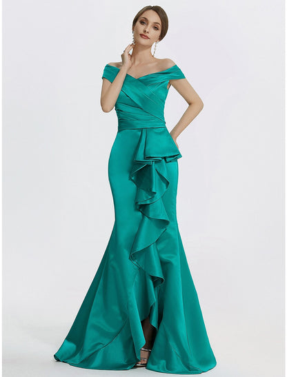 Sheath / Column Evening Gown Elegant Dress Formal Floor Length Sleeveless Off Shoulder Satin with Ruffles