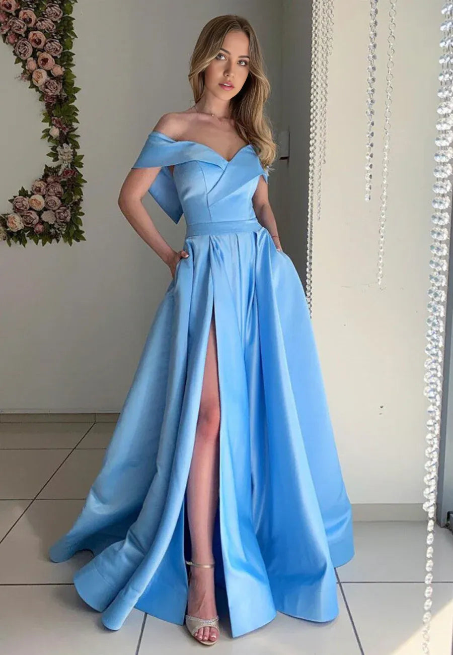 A-Line Off the Shoulder Blue Satin Evening Dresses Long Prom Dresses With Pocket