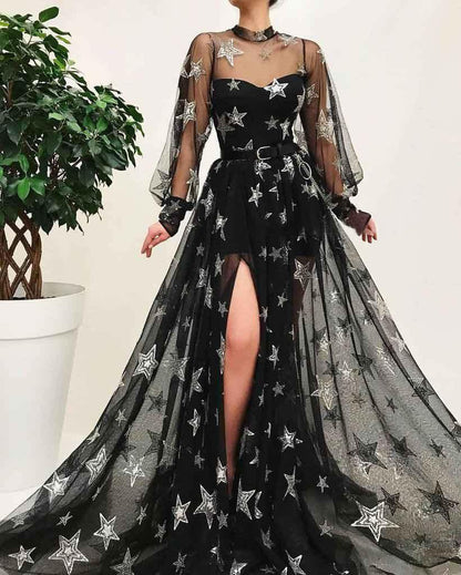 Sweep/Brush Train Dresses Star Sparkly Black High Neck See Through Long Sleeves Long Prom Dress With  Split