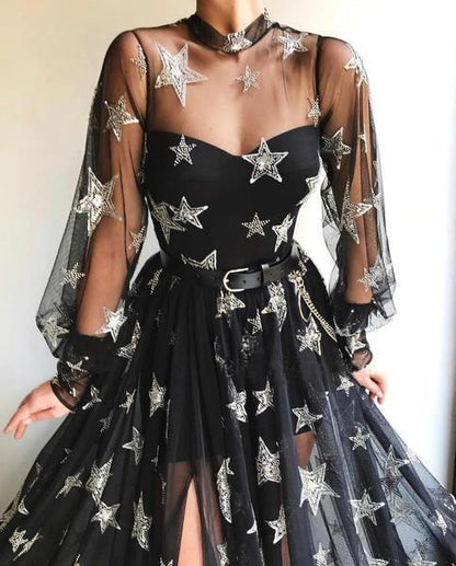 Sweep/Brush Train Dresses Star Sparkly Black High Neck See Through Long Sleeves Long Prom Dress With  Split