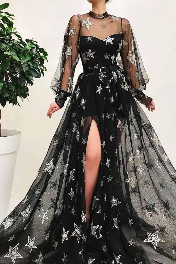 Sweep/Brush Train Dresses Star Sparkly Black High Neck See Through Long Sleeves Long Prom Dress With  Split