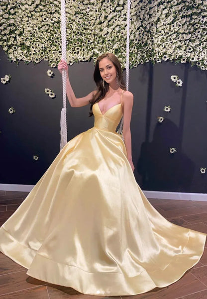 A-Line Spaghetti Straps V Neck Yellow Satin Backless Evening Dresses Long Prom Dresses