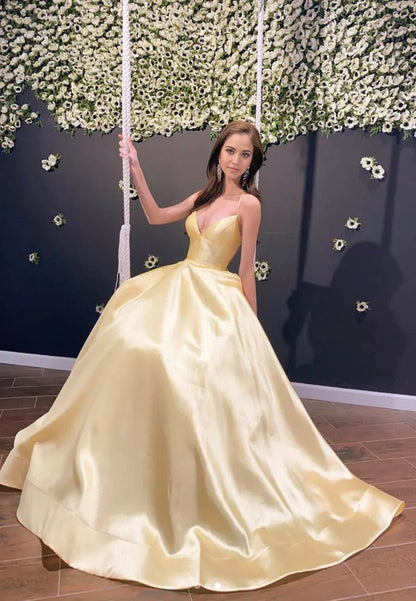 A-Line Spaghetti Straps V Neck Yellow Satin Backless Evening Dresses Long Prom Dresses