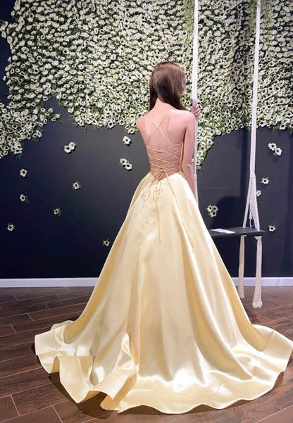 A-Line Spaghetti Straps V Neck Yellow Satin Backless Evening Dresses Long Prom Dresses