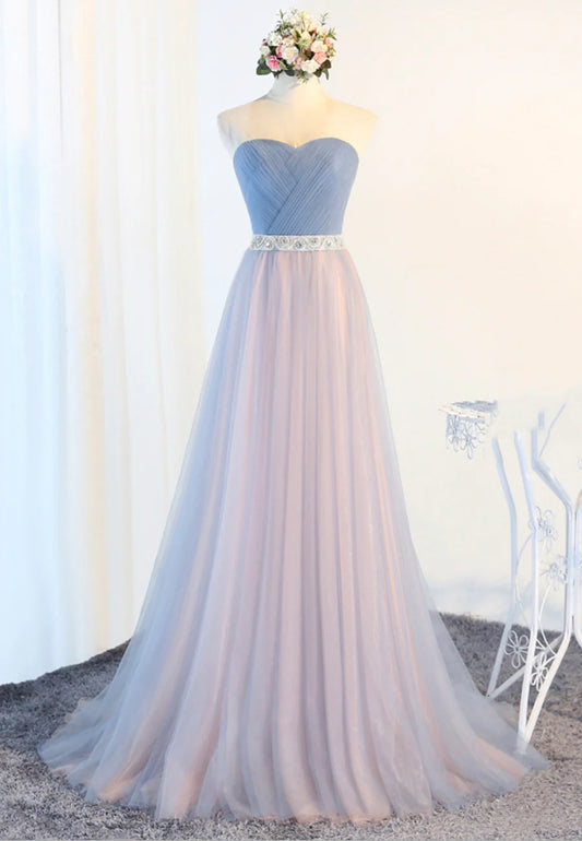 A-Line Strapless Floor Length Evening Dresses Blue Tulle Long Prom Dresses