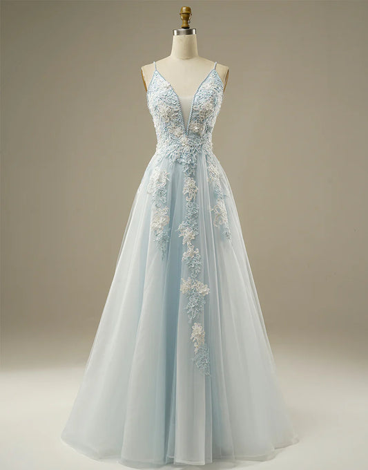 A-line Spaghetti Straps Light Blue Tulle Prom Dress With Appliques