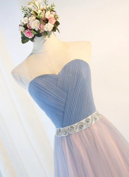 A-Line Strapless Floor Length Evening Dresses Blue Tulle Long Prom Dresses