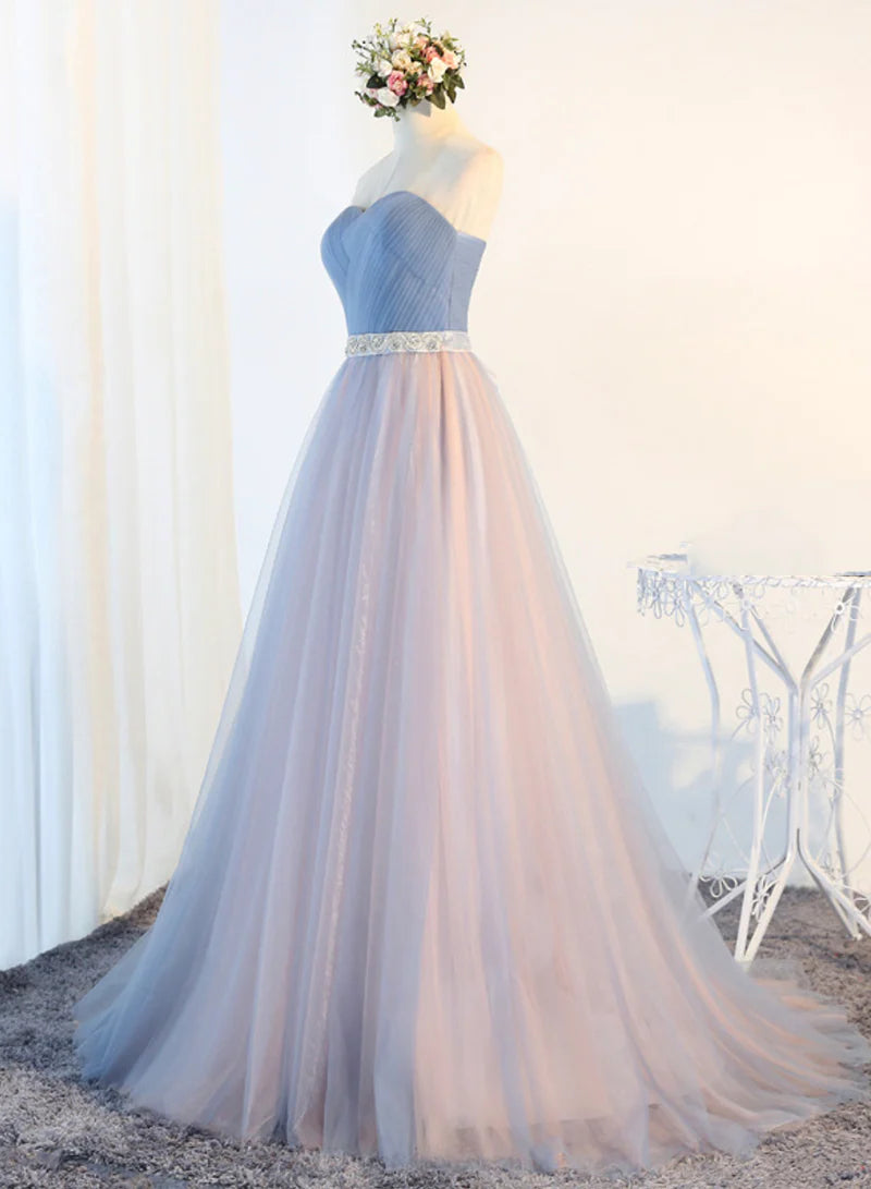 A-Line Strapless Floor Length Evening Dresses Blue Tulle Long Prom Dresses