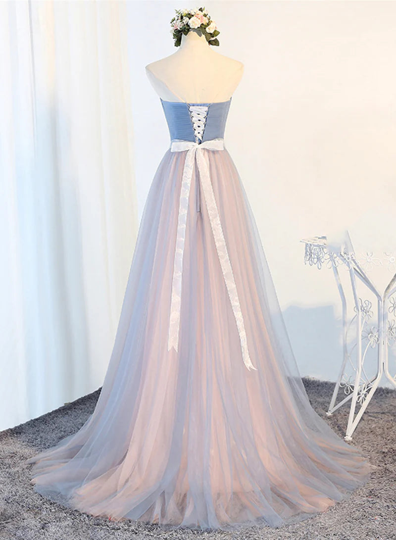 A-Line Strapless Floor Length Evening Dresses Blue Tulle Long Prom Dresses