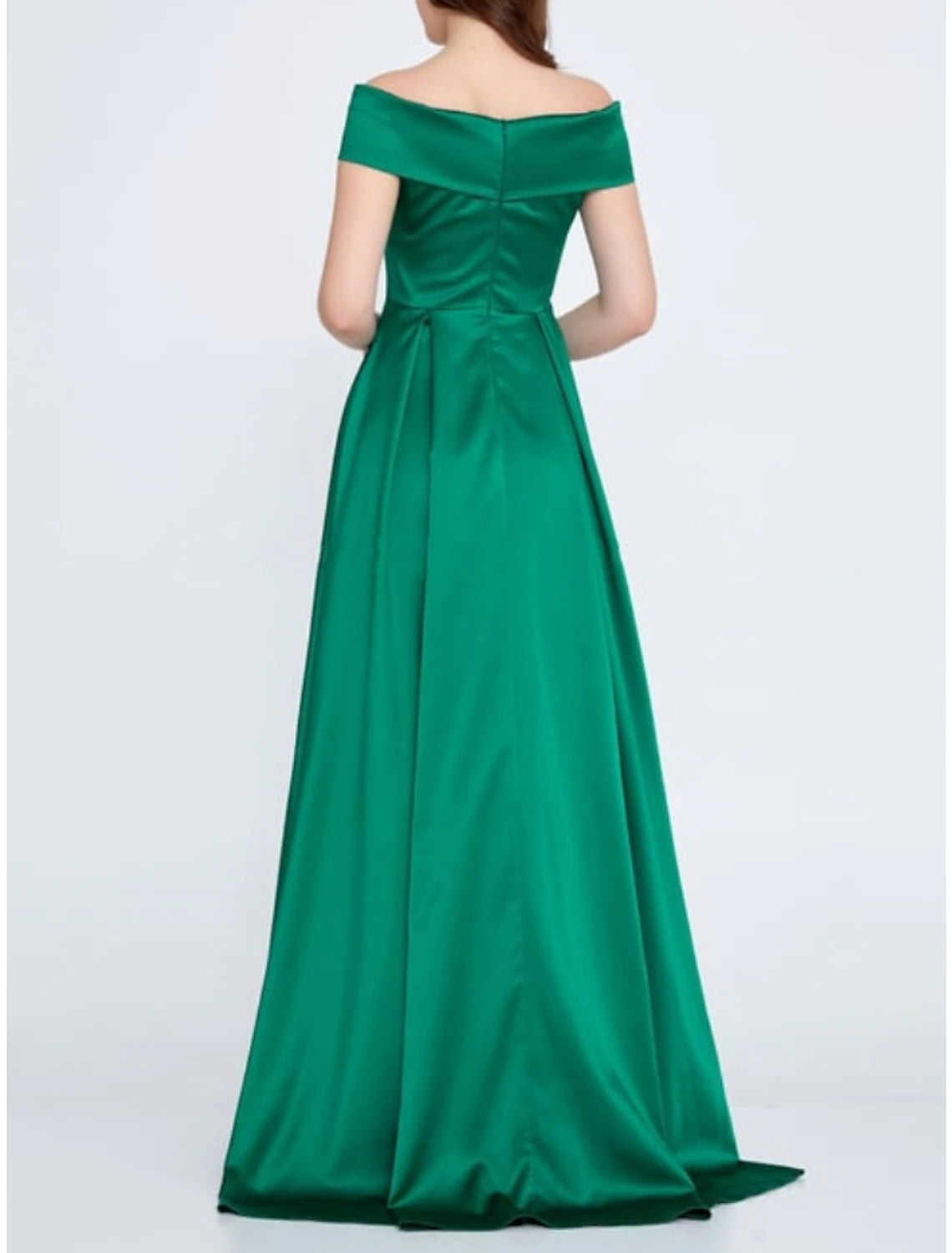 A-Line Evening Gown Elegant Dress Formal Sweep / Brush Train Christmas Red Green Dress Sleeveless Off Shoulder Satin with Pleats Crystals