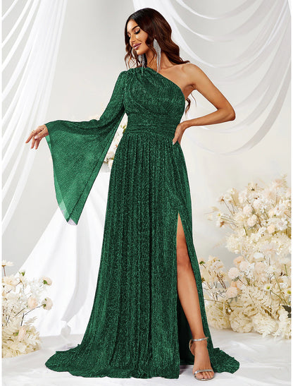 A-Line Wedding Guest Dresses Sparkle Formal Green Dress Formal Evening Party Sweep / Brush Train Long Sleeve One Shoulder Polyester with Glitter Slit